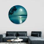 Round Tempered Glass Wall Art - Moonlight Lake Scene | Night Landscape Modern,Glossy Glass Artwork