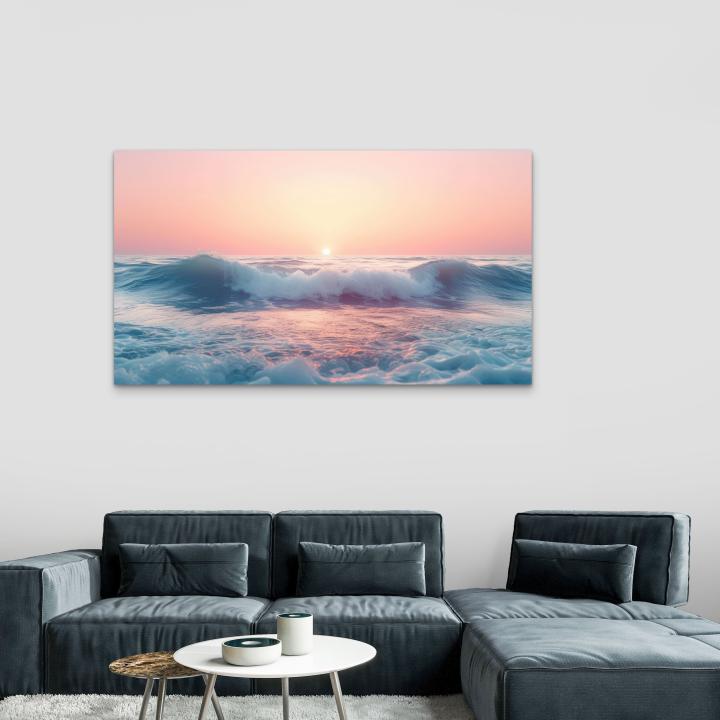 Sunset and Waves Tempered Glass Wall Art – Pastel Ocean Landscape, Calm Sea Wall Decor