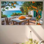 Large Tempered Glass Print | Oranges on a Mediterranean Terrace with Turquoise Sea View