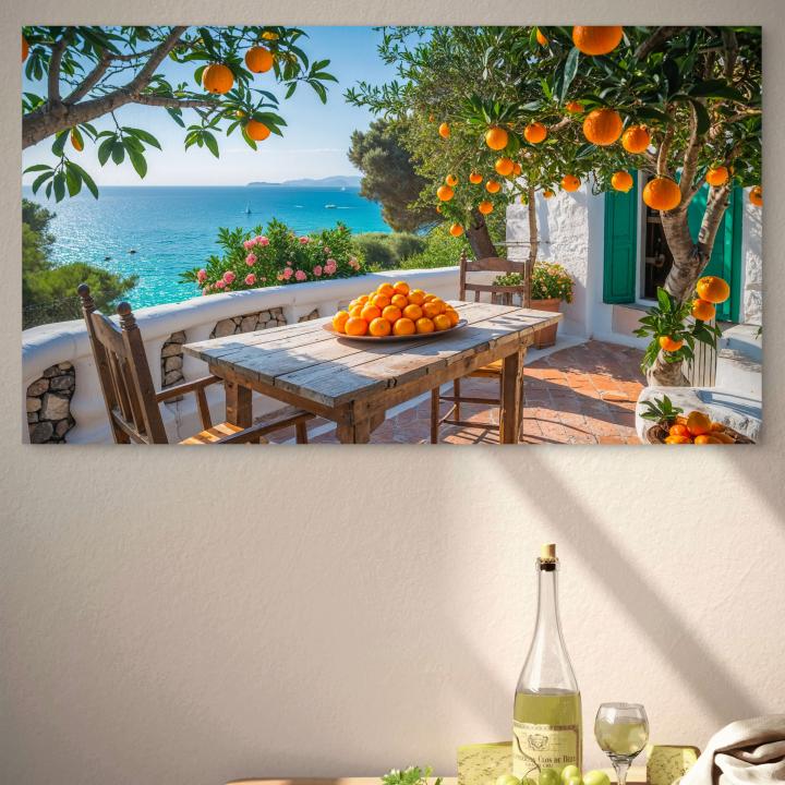 Large Tempered Glass Print | Oranges on a Mediterranean Terrace with Turquoise Sea View
