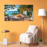 Large Tempered Glass Print | Oranges on a Mediterranean Terrace with Turquoise Sea View