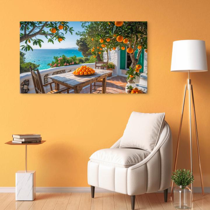 Large Tempered Glass Print | Oranges on a Mediterranean Terrace with Turquoise Sea View