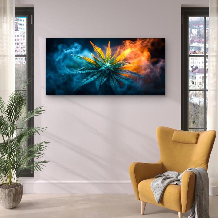 Tempered Glass Wall Art Cannabis Leaf, Fire and Ice Smoke Effect