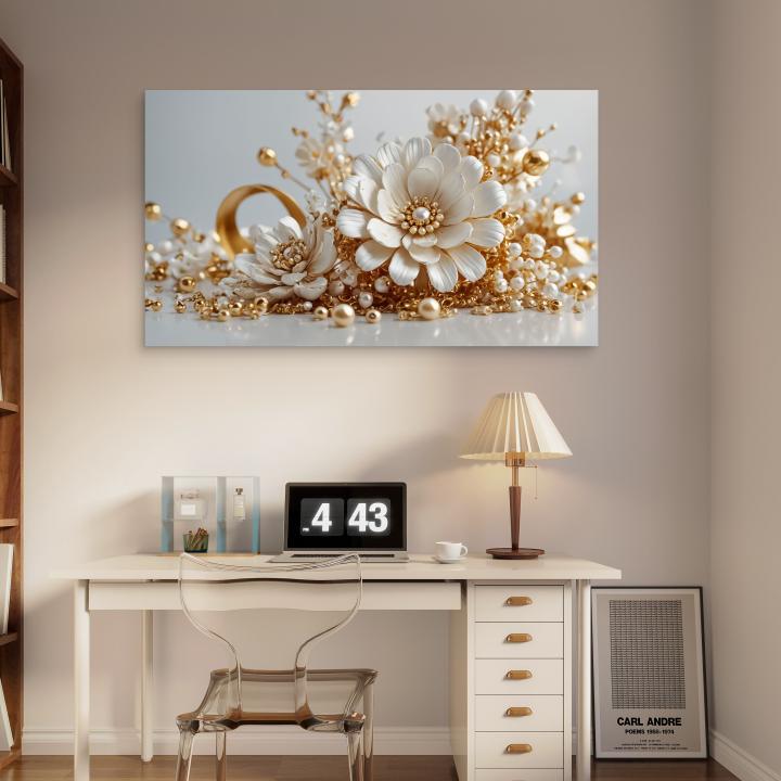 Exquisite Pearl and Gold Embellished Floral Tempered Glass Art | Glossy Large Glass Panel Decor