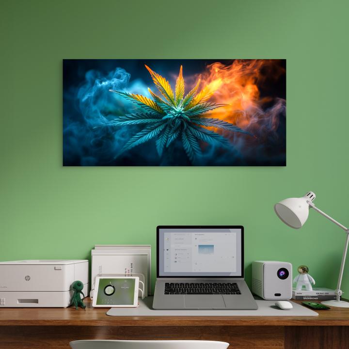 Tempered Glass Wall Art Cannabis Leaf, Fire and Ice Smoke Effect