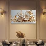 Exquisite Pearl and Gold Embellished Floral Tempered Glass Art | Glossy Large Glass Panel Decor