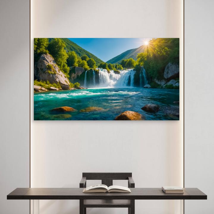 Emerald Forest and Waterfall Tempered Glass Art Large Nature Landscape Wall DecorVibrant River Scene