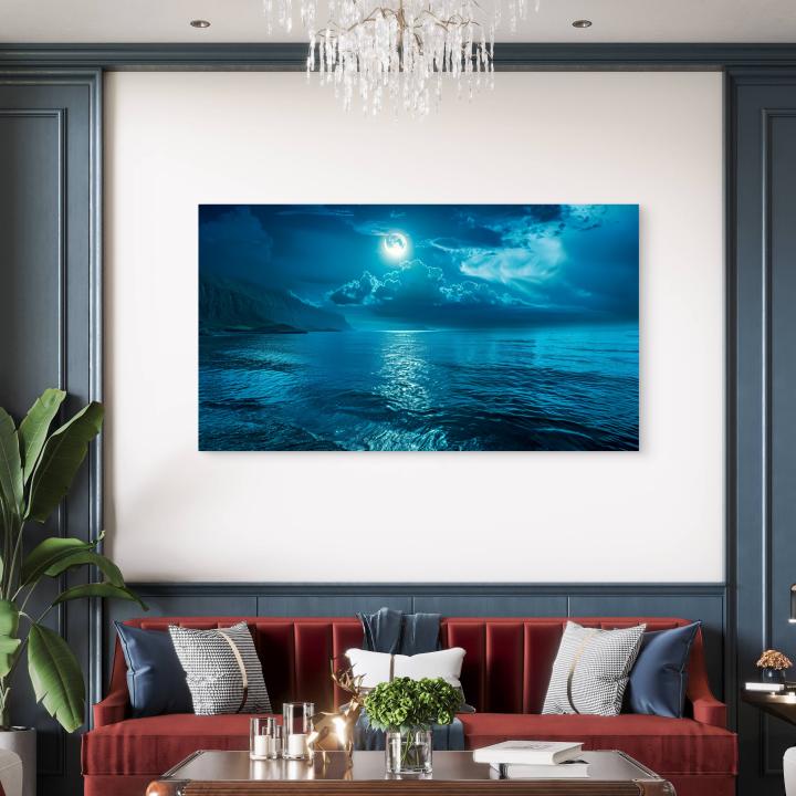 Tempered Glass Wall Art, Full Moon over Ocean Night View,Moonlight Sea Reflection