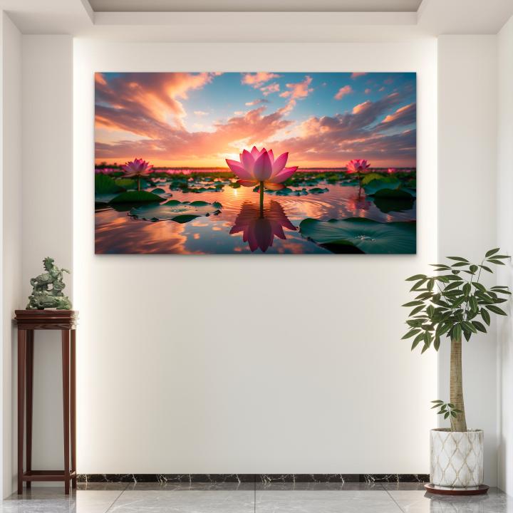 Lotus Flower Tempered Glass Wall Art, Sunset Zen Decor,Large