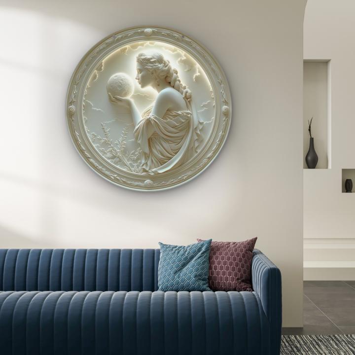 Moon Goddess Embossed Art,Elegant Female Figure Tempered Glass Wall Art,3D Relief Effect Round