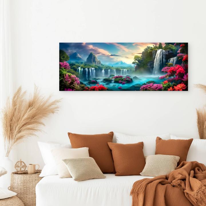 Fantasy Waterfall Tempered Glass Wall Art, Pink Flowers Nature Scene.