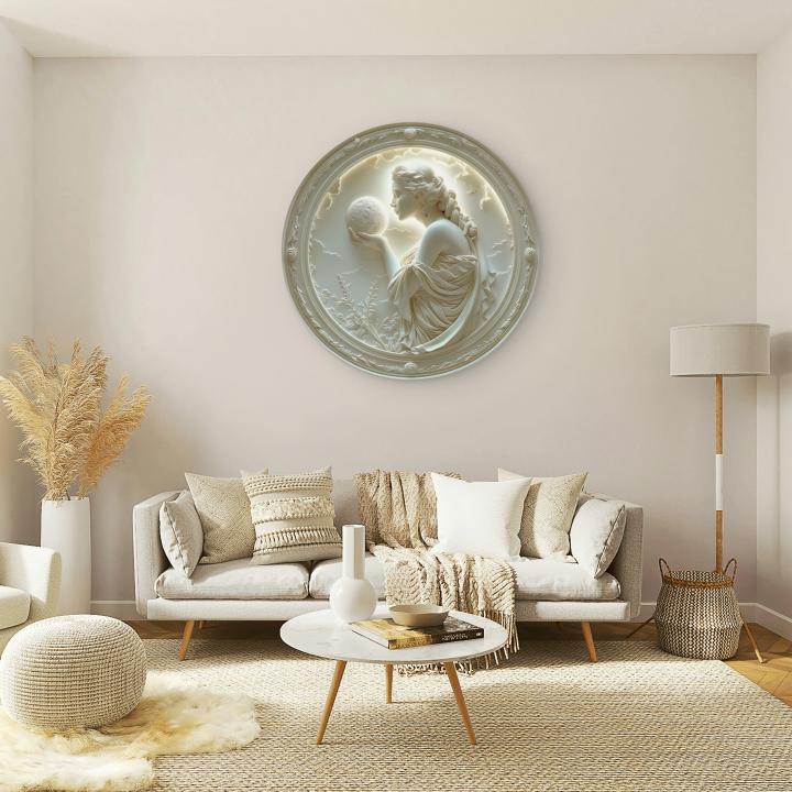 Moon Goddess Embossed Art,Elegant Female Figure Tempered Glass Wall Art,3D Relief Effect Round