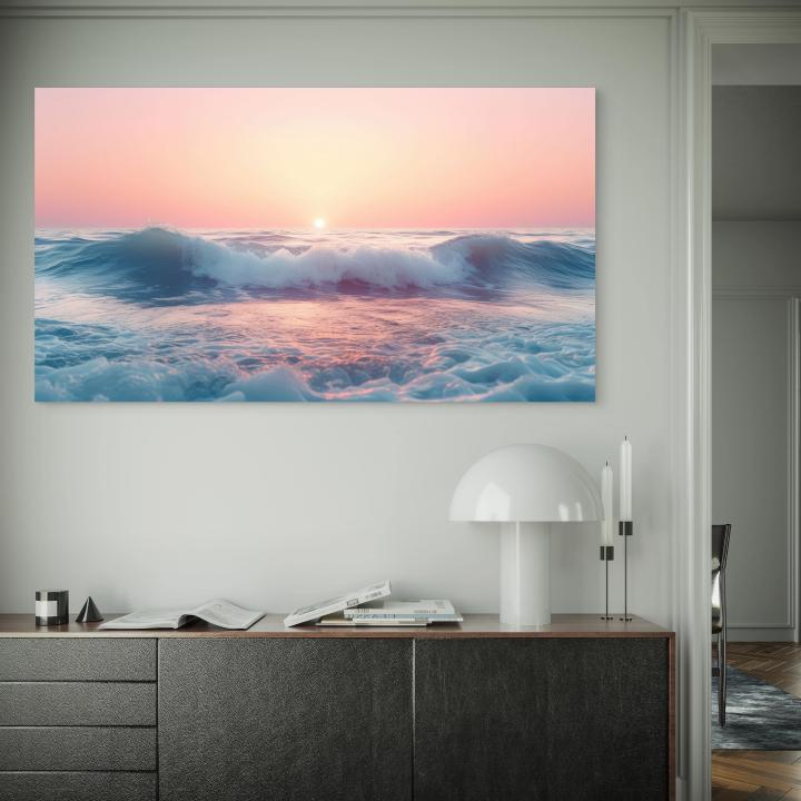 Sunset and Waves Tempered Glass Wall Art – Pastel Ocean Landscape, Calm Sea Wall Decor
