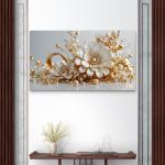 Exquisite Pearl and Gold Embellished Floral Tempered Glass Art | Glossy Large Glass Panel Decor