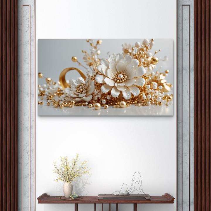 Exquisite Pearl and Gold Embellished Floral Tempered Glass Art | Glossy Large Glass Panel Decor