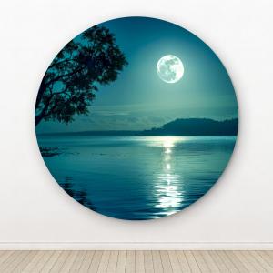 Round Tempered Glass Wall Art - Moonlight Lake Scene | Night Landscape Modern,Glossy Glass Artwork