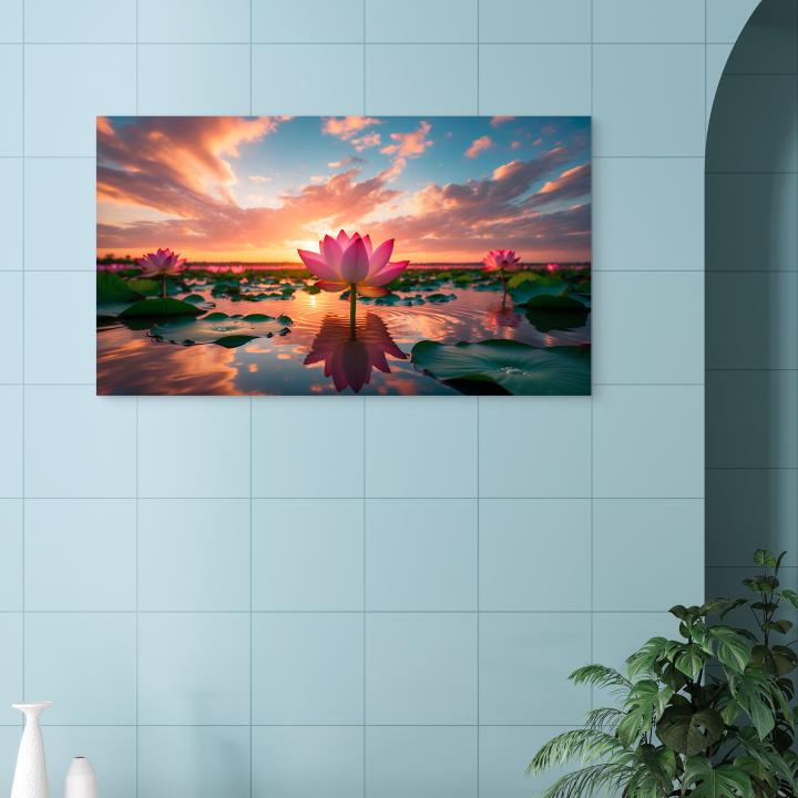 Lotus Flower Tempered Glass Wall Art, Sunset Zen Decor,Large