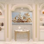 Exquisite Pearl and Gold Embellished Floral Tempered Glass Art | Glossy Large Glass Panel Decor