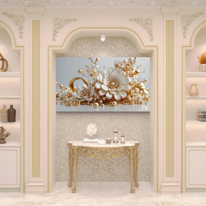 Exquisite Pearl and Gold Embellished Floral Tempered Glass Art | Glossy Large Glass Panel Decor