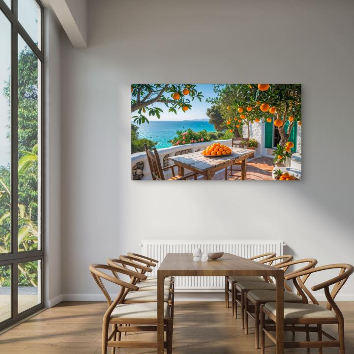 Large Tempered Glass Print | Oranges on a Mediterranean Terrace with Turquoise Sea View