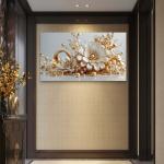 Exquisite Pearl and Gold Embellished Floral Tempered Glass Art | Glossy Large Glass Panel Decor