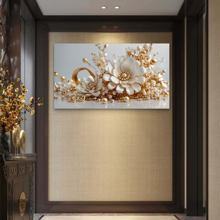 Exquisite Pearl and Gold Embellished Floral Tempered Glass Art | Glossy Large Glass Panel Decor