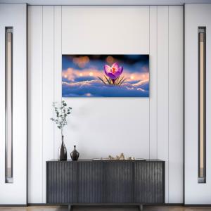 Purple Crocus in Snow Tempered Glass Wall Art, Floral Photography.