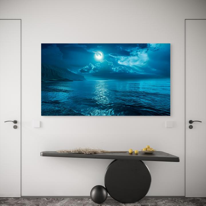 Tempered Glass Wall Art, Full Moon over Ocean Night View,Moonlight Sea Reflection
