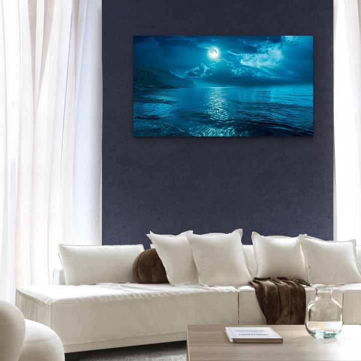 Tempered Glass Wall Art, Full Moon over Ocean Night View,Moonlight Sea Reflection
