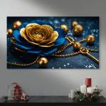 Luxury Gold Flower on Deep Blue Background – Large Tempered Glass Wall Artwork