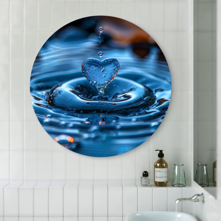 Blue Heart Water Drop Round Tempered Glass Wall Art, Macro Splash Photography, Abstract Ocean Decor