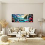 Fantasy Waterfall Tempered Glass Wall Art, Pink Flowers Nature Scene.