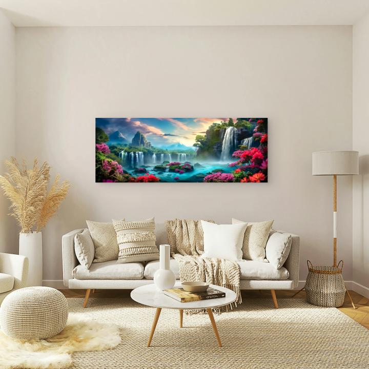 Fantasy Waterfall Tempered Glass Wall Art, Pink Flowers Nature Scene.