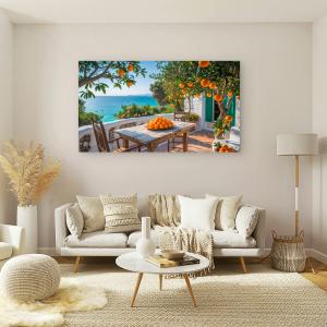 Large Tempered Glass Print | Oranges on a Mediterranean Terrace with Turquoise Sea View
