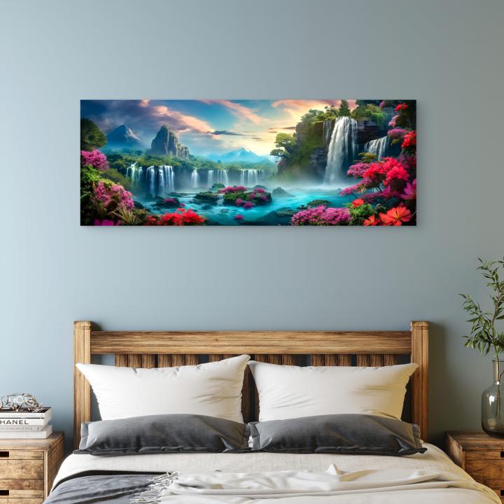 Fantasy Waterfall Tempered Glass Wall Art, Pink Flowers Nature Scene.