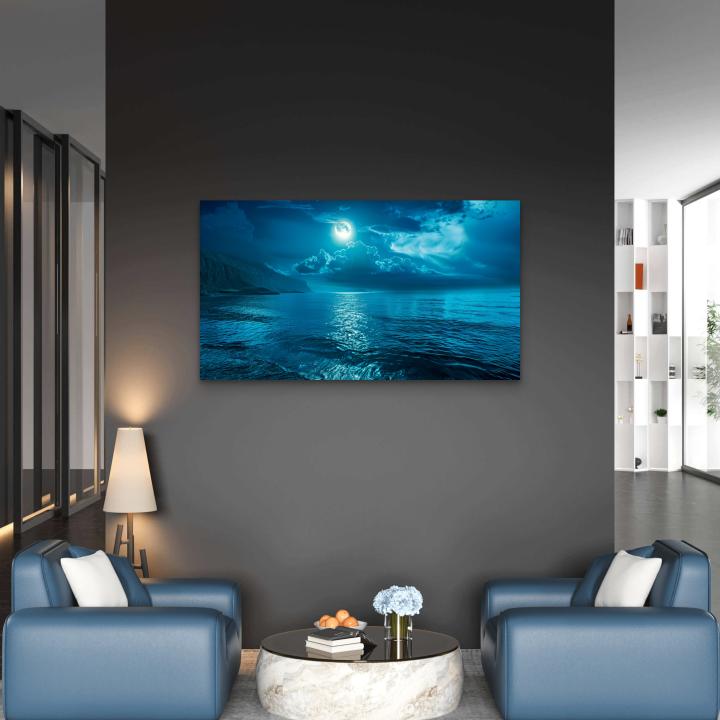 Tempered Glass Wall Art, Full Moon over Ocean Night View,Moonlight Sea Reflection