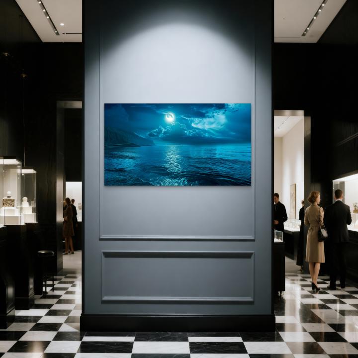 Tempered Glass Wall Art, Full Moon over Ocean Night View,Moonlight Sea Reflection
