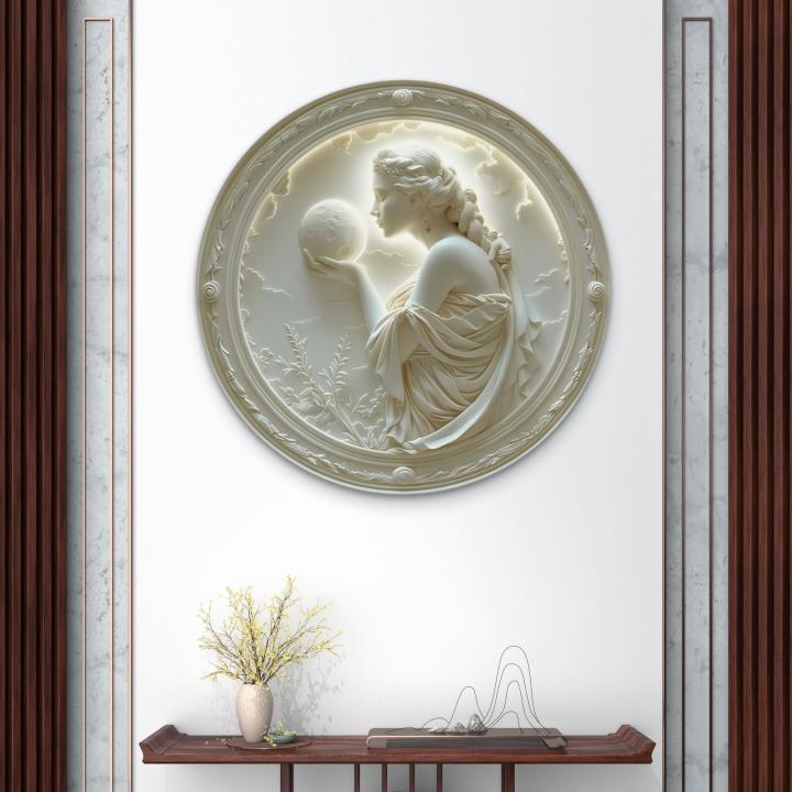 Moon Goddess Embossed Art,Elegant Female Figure Tempered Glass Wall Art,3D Relief Effect Round