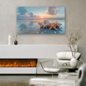 Sunset Beach Tempered Glass Wall Art, Sea Shells Starfish Nautical Decor.