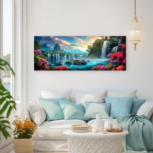 Fantasy Waterfall Tempered Glass Wall Art, Pink Flowers Nature Scene.