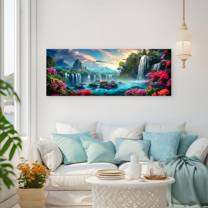 Fantasy Waterfall Tempered Glass Wall Art, Pink Flowers Nature Scene.