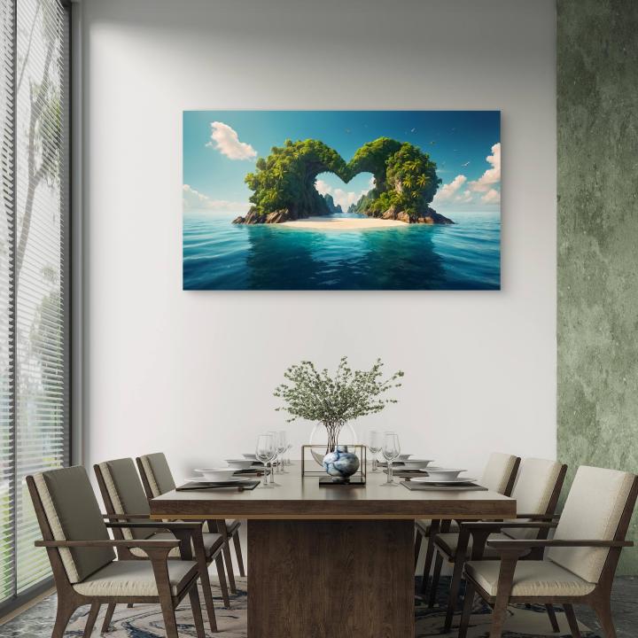 Large Heart Shaped Island Tempered Glass Art,Tropical Love Island Wall Decor,Honeymoon Gift