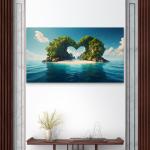 Large Heart Shaped Island Tempered Glass Art,Tropical Love Island Wall Decor,Honeymoon Gift