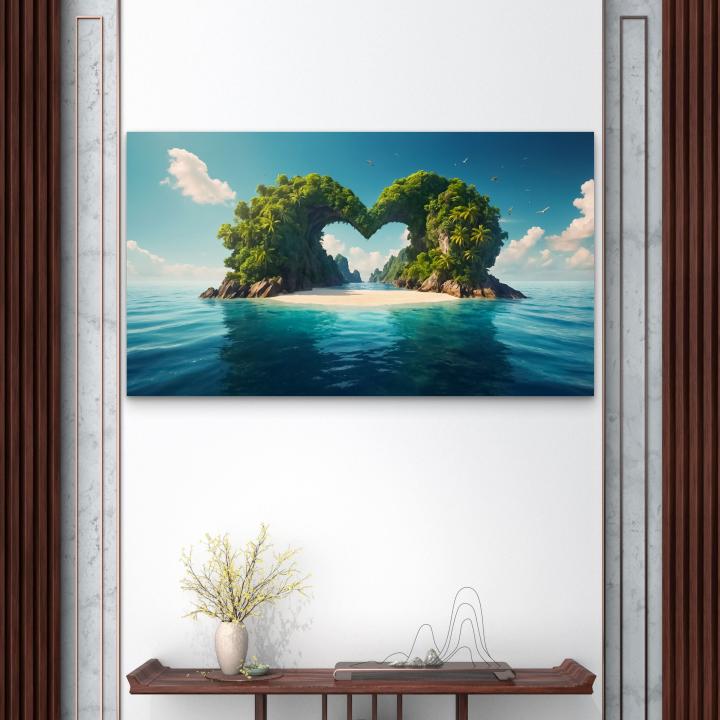 Large Heart Shaped Island Tempered Glass Art,Tropical Love Island Wall Decor,Honeymoon Gift