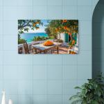 Large Tempered Glass Print | Oranges on a Mediterranean Terrace with Turquoise Sea View