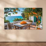 Large Tempered Glass Print | Oranges on a Mediterranean Terrace with Turquoise Sea View