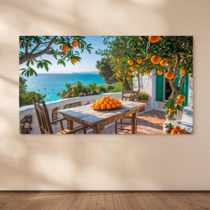 Large Tempered Glass Print | Oranges on a Mediterranean Terrace with Turquoise Sea View