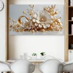 Exquisite Pearl and Gold Embellished Floral Tempered Glass Art | Glossy Large Glass Panel Decor