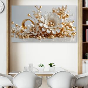 Exquisite Pearl and Gold Embellished Floral Tempered Glass Art | Glossy Large Glass Panel Decor
