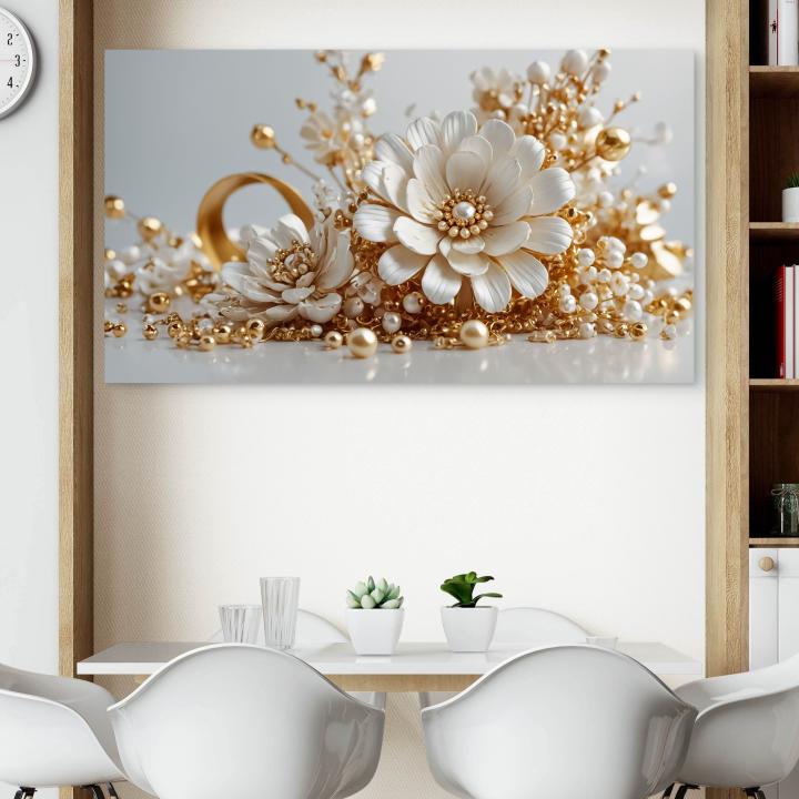 Exquisite Pearl and Gold Embellished Floral Tempered Glass Art | Glossy Large Glass Panel Decor